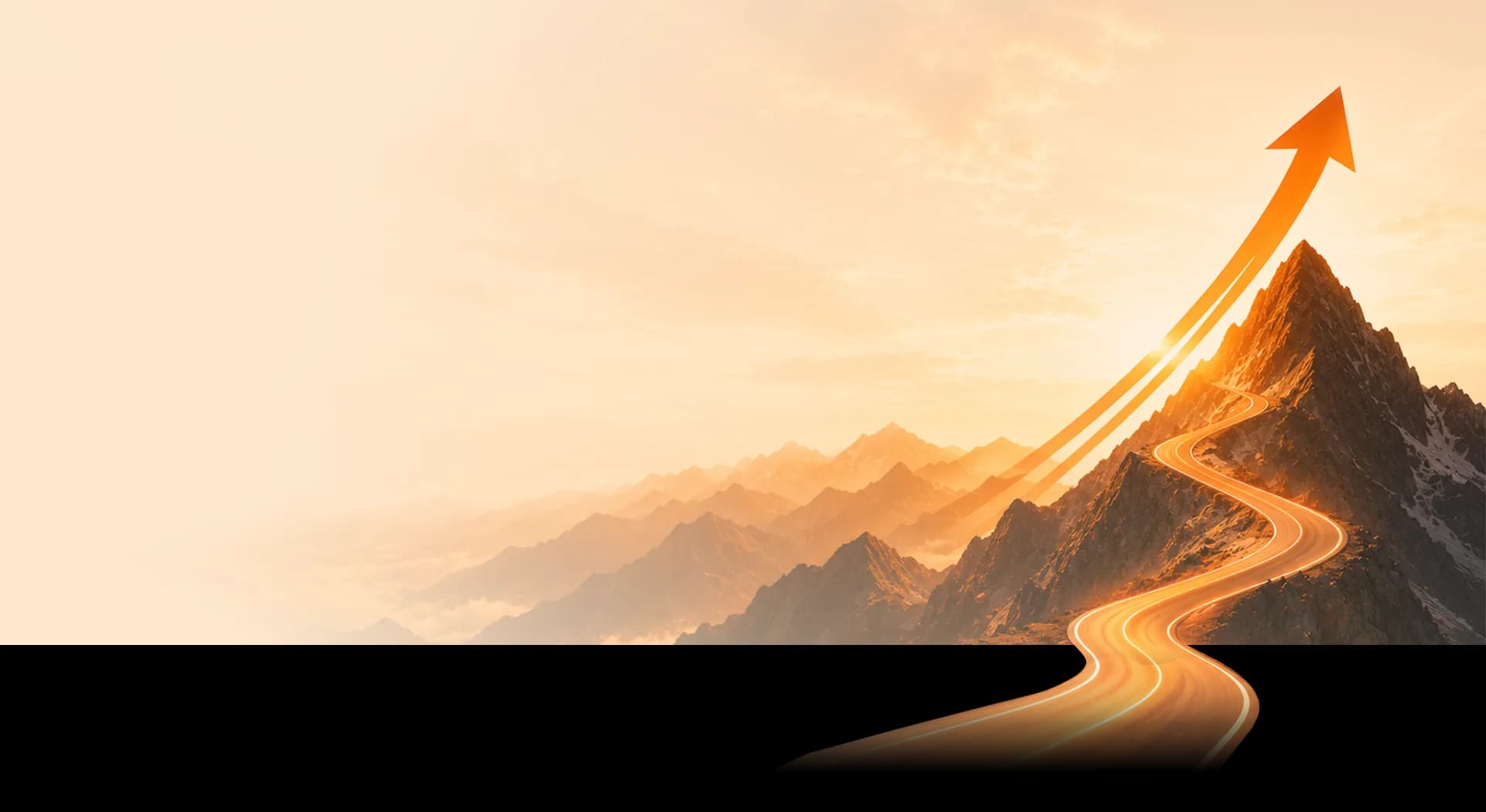 A road winding up a sunlit mountain toward a rising arrow