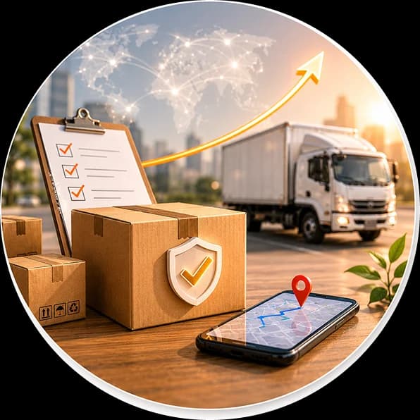 A delivery truck, parcels, a checklist clipboard and a phone showing a map location