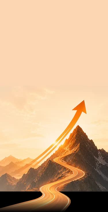 A road winding up a sunlit mountain toward a rising arrow